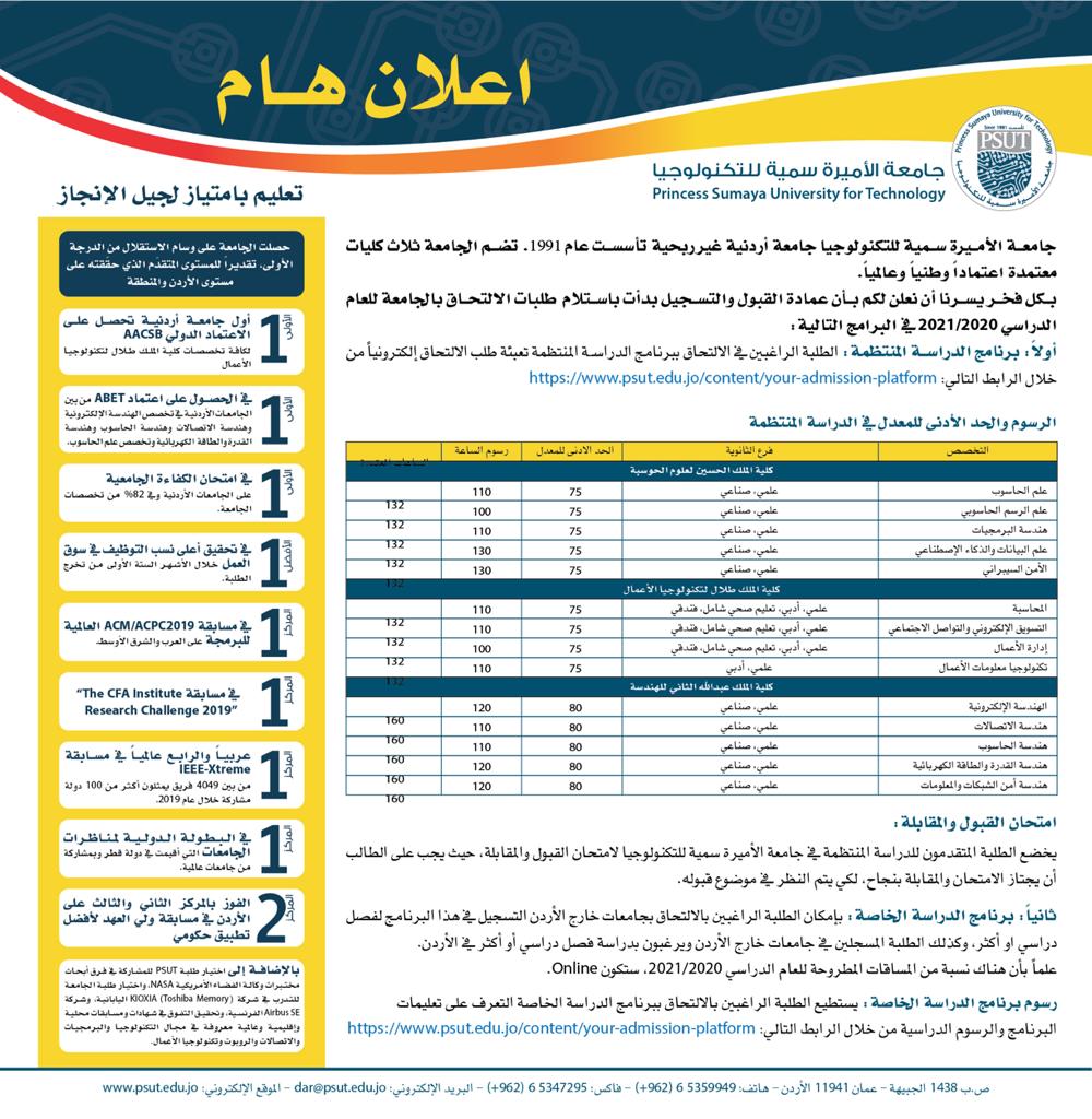 اعلان هام..  جامعة الاميره سميه تعلن عن بدأ التسجيل لعام ٢٠/٢١